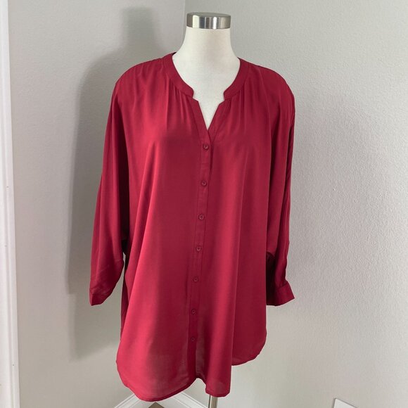 NEW Catherines Womens Plus 2X 22/24W Burgundy Button Up Blouse Shirt Top V Neck - Picture 1 of 11